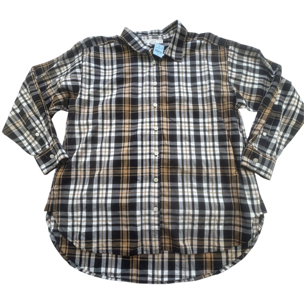 Loft Black Tan Plaid Button Down Shirt Womens Medium Petite MP Long Sleeve NWT
